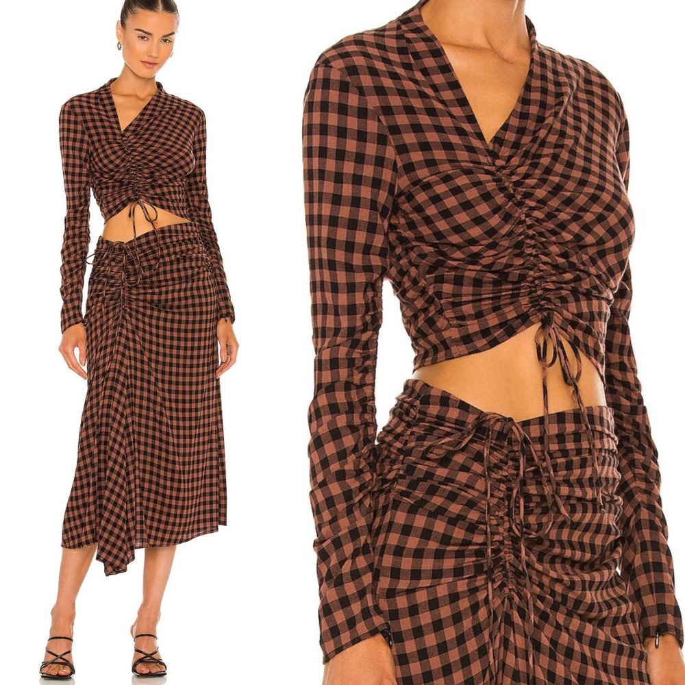ALC Oryn Black Brandy Brown‎ Top Womens Sz 4 Ruched Long Sleeve Plaid Check Boho - Picture 2 of 16
